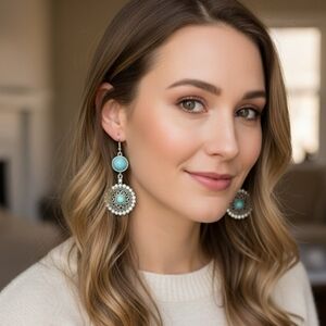 Vintage turquoise and silver-tone earrings / Long floral earrings / Long bohemia